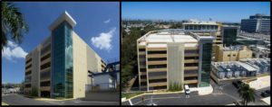 San Juan, PR – New Parking Garage: The New Parking Garage structure adds 730 parking spaces to the existing San Juan VA Medical Center (VAMC) Inventory. This new building is equipped with the only modern parking space counting system on the Island. To ease the access of our disabled Veterans to the medical facilities, handicapped spaces were concentrated on two floors: the first floor of which is the vehicular access floor. The fourth floor connects the parking building to the first floor of the medical center via a newly constructed air-conditioned pedestrian bridge. The building’s staircases and the new pedestrian bridge were enclosed in glass curtain walls to allow natural light. All the glass walls in the building, including those in the bridge, are hurricane-resistant. Photos – San Juan, PR --South Elevation and Stair (above) --South Elevation Showing Sky Bridge at Right (left) In addition to the two staircases, the building was equipped with five elevators to dramatically cut the waiting time to a minimum. The high-tech security system installed in the building includes a physical access control system, Closed Circuit TV, intrusion detection, and emergency call boxes at every floor. On the seventh level, photo-voltaic panels were installed, and will provide 88kv of energy to serve the Medical Center electrical demand. For the protection of visitors, suicide deterrent grilles (in all vertical openings at the exterior walls, and pertinent interior walls) were installed on levels two through seven. Finally, “Green Exterior Walls” were also constructed to help lower the temperature of the walls on plantings are suspended ~CCS 